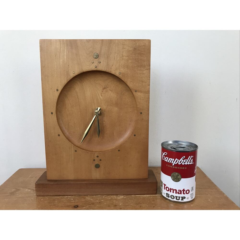 Vtg Mid Century Modern Handmade Handcarved Solid Wooden Wood Maple Brass Clock